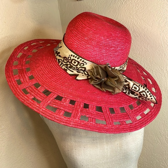 Accessories - Red Floppy Sun Hat With Floral Embellishments